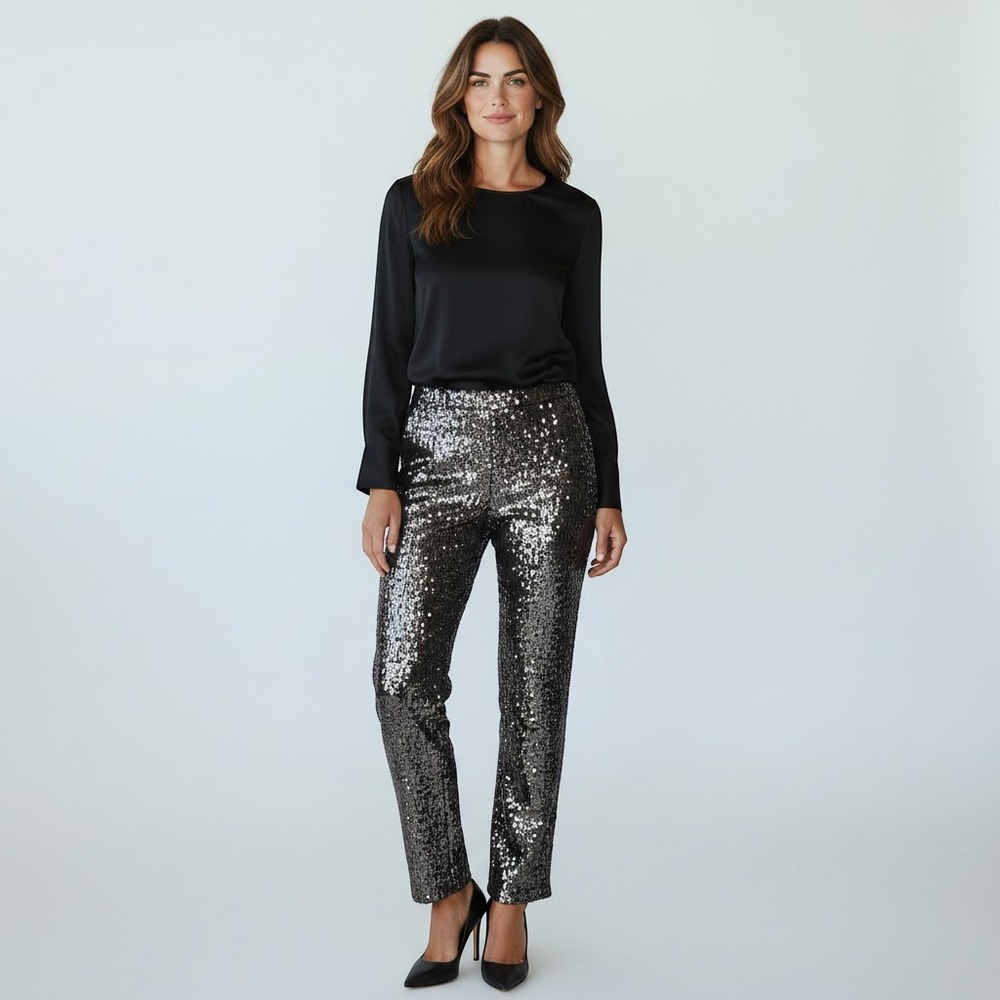 Sally LaPointe Silver Sequin Silk Lined Straight Leg Pants Womens Gunmetal Luxe